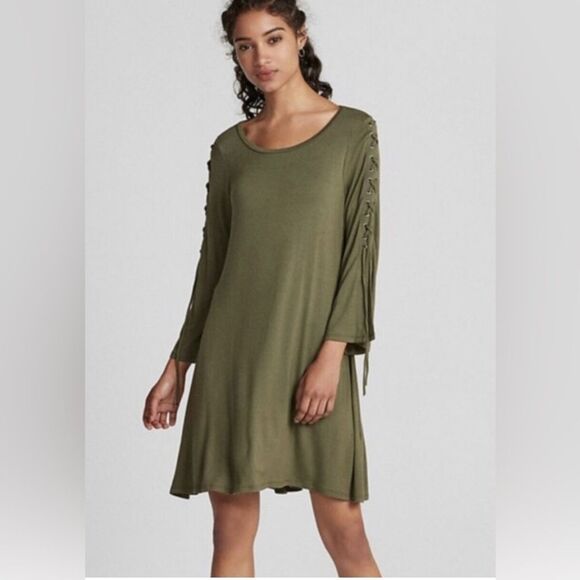Express Dresses & Skirts - Express Womens BOHO Flowy Dress Size Medium Olive Green Lace Up Long Sleeve NEW